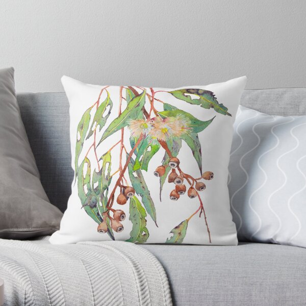 Watercolour eucalyptus tree branch with white flowers & gumnuts. Throw Pillow