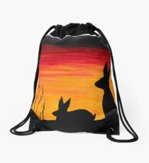 Rabbit Silhouette Sunset Oil Painting Drawstring Bag