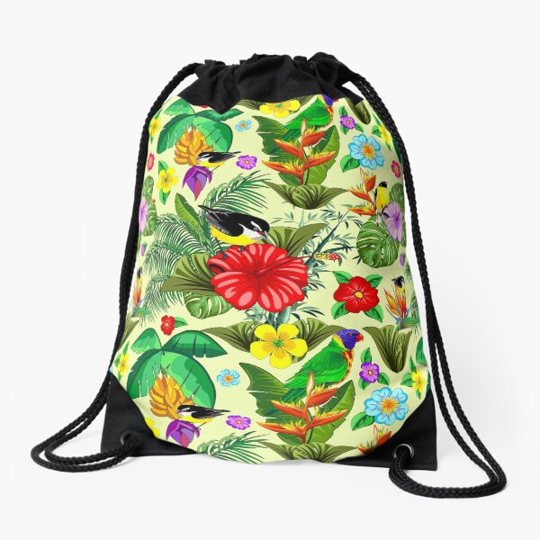 Birds and Nature Floral Exotic Seamless Pattern Drawstring Bag