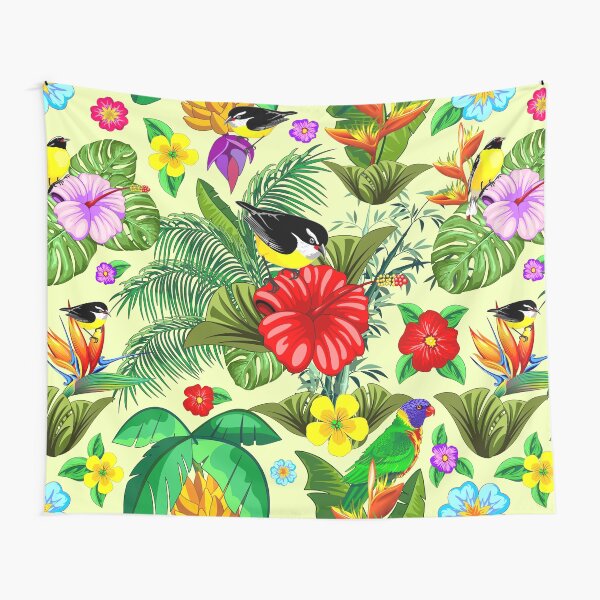 Birds and Nature Floral Exotic Seamless Pattern Tapestry