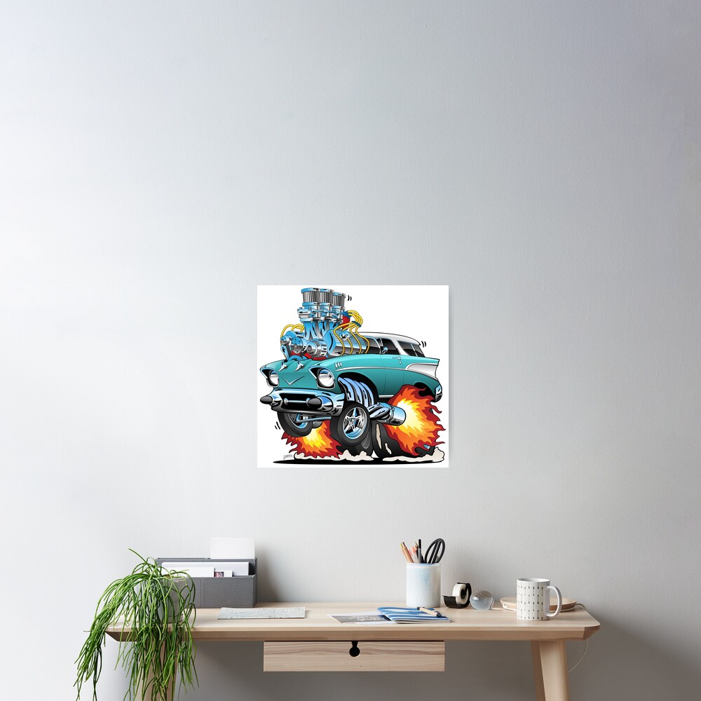 Classic Fifties Hot Rod Muscle Car Cartoon Poster