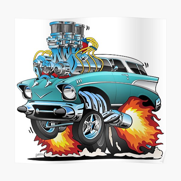 Classic Fifties Hot Rod Muscle Car Cartoon Poster