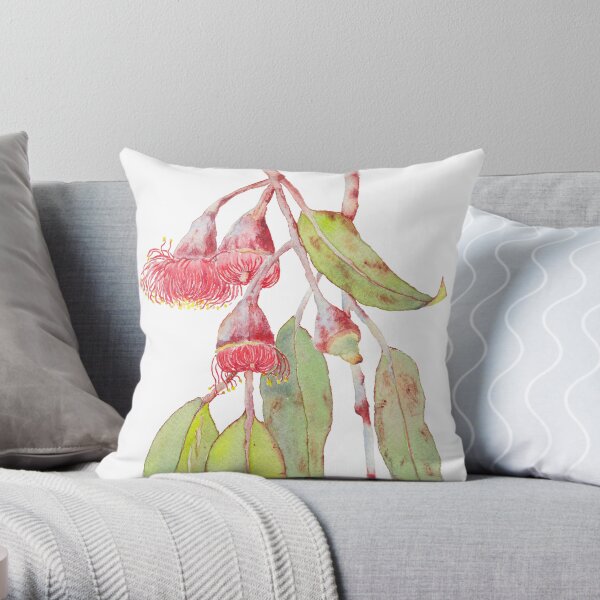 branches brun-rouge avec revêtement en poudre argentée et fleurs roses. Coussin