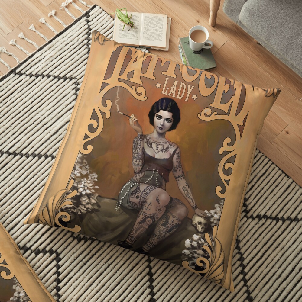 The Amazing Tattooed Lady Vintage Circus Poster Floor Pillow