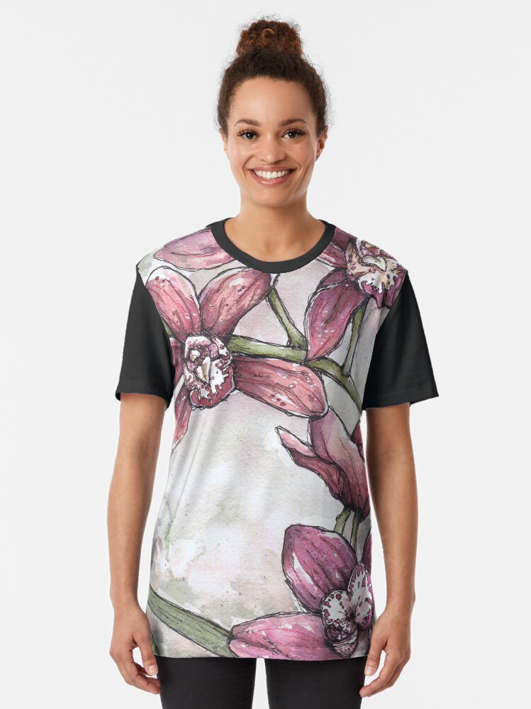 Alternative Ansicht von Orchideen - Aquarell und Tintengrafik Grafik T-Shirt
