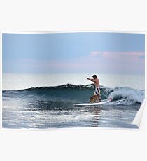 Man And Dog Surfing, Perth, Western Australia. Poster