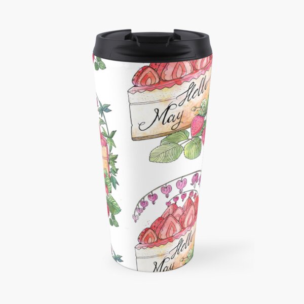 Hello May watercolor illustration with a strawberry cake Travel Mug