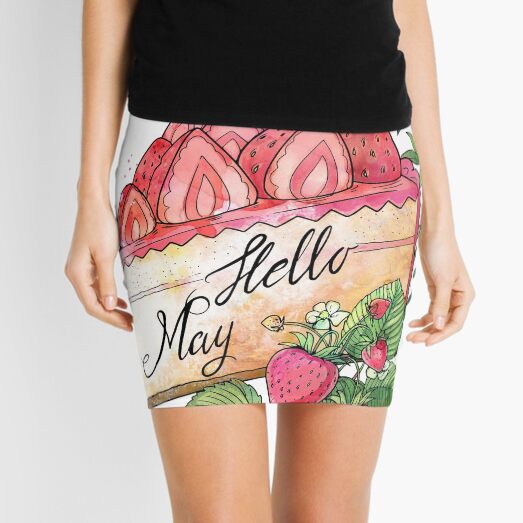 Hello May watercolor illustration with a strawberry cake Mini Skirt