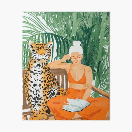 Jungle Vacay, Tropical Nature Painting, Woman & Wildlife, Tiger Cheetah Palms Illustration, Wild Cat Blonde Fashion Art Board Print