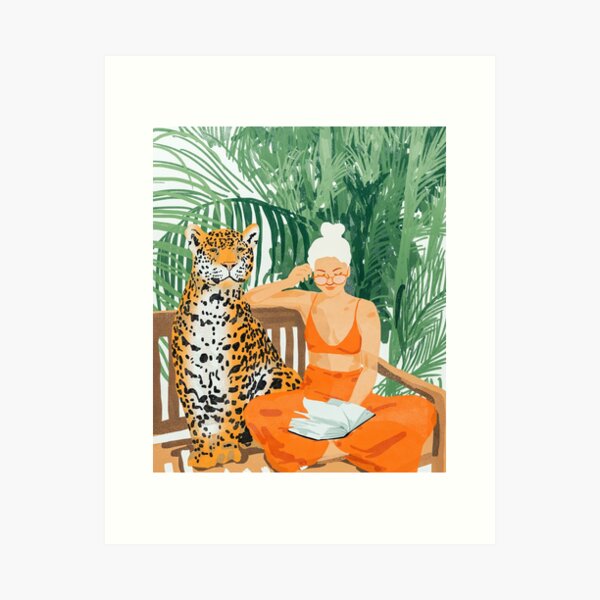 Vacaciones en la selva | Viaje tropical de la mujer rubia bohemia moderna | Lector de bosque de vida silvestre de leopardo Lámina artística