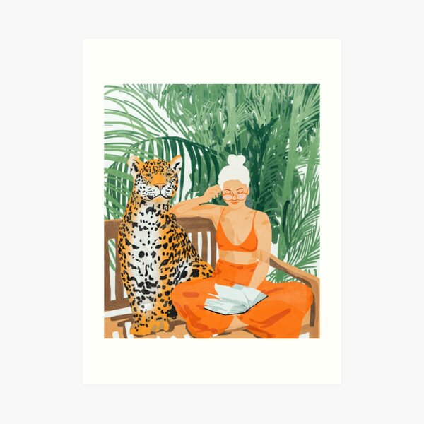 Jungle Vacay, Tropical Nature Painting, Woman & Wildlife, Tiger Cheetah Palms Illustration, Wild Cat Blonde Fashion Art Print