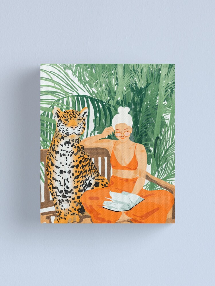 Alternate view of Jungle Vacay, Tropical Nature Painting, Woman & Wildlife, Tiger Cheetah Palms Illustration, Wild Cat Blonde Fashion Canvas Print