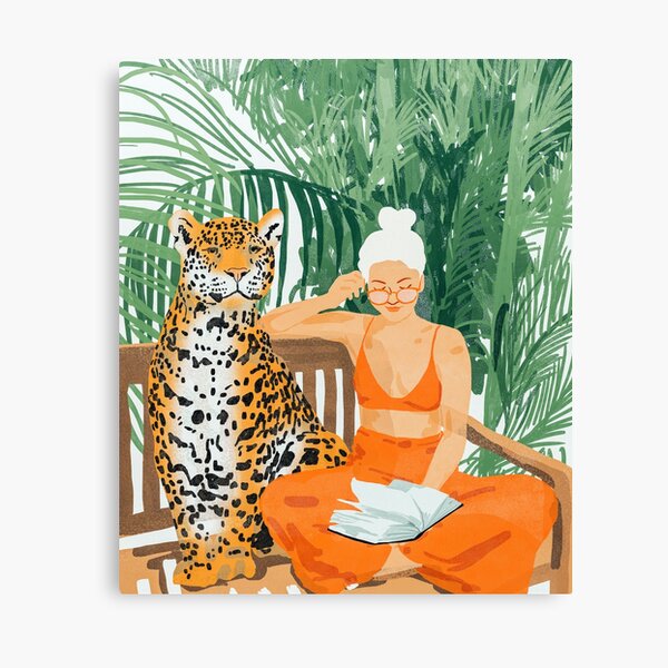 Jungle Vacay, Tropical Nature Painting, Woman & Wildlife, Tiger Cheetah Palms Illustration, Wild Cat Blonde Fashion Canvas Print