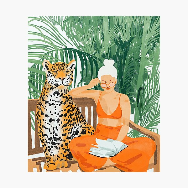 Jungle Vacay, Tropical Nature Painting, Woman & Wildlife, Tiger Cheetah Palms Illustration, Wild Cat Blonde Fashion Photographic Print