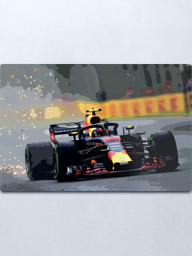 Alternate view of Max Verstappen racing with sparks oil painting Metal Print