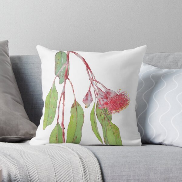 Flowering Silver Princess Eucalyptus Branch - Watercolour Throw Pillow