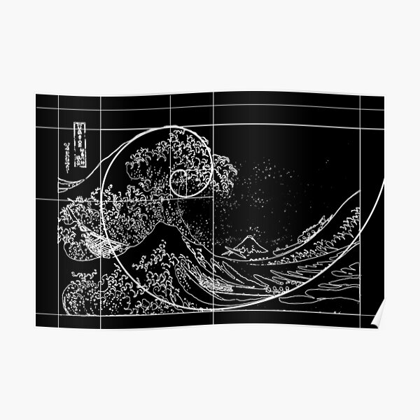 Hokusai rencontre Fibonacci, nombre d'or, ligne blanche Poster