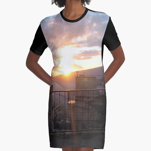 #town, #morning, #house, #sunlight, #tree, #sunset, #outdoors, #architecture Graphic T-Shirt Dress