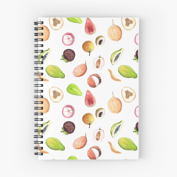 Item preview, Hand drawn watercolor sketch illustration seamless pattern background with exotic fruits litchi, longan, papaya, mangosteen, granadilla, guava with place for text isolated on white art designed and sold by FuzzyLogicKate.