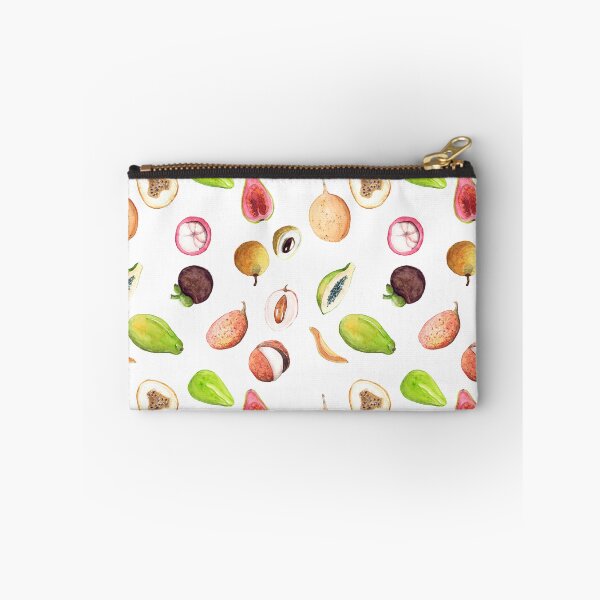 Item preview, Hand drawn watercolor sketch illustration seamless pattern background with exotic fruits litchi, longan, papaya, mangosteen, granadilla, guava with place for text isolated on white art designed and sold by FuzzyLogicKate.