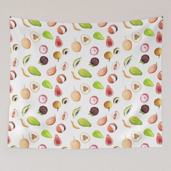 Item preview, Hand drawn watercolor sketch illustration seamless pattern background with exotic fruits litchi, longan, papaya, mangosteen, granadilla, guava with place for text isolated on white art designed and sold by FuzzyLogicKate.