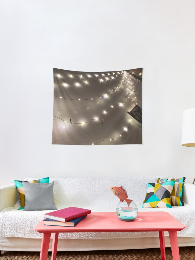 tapestry and fairy lights