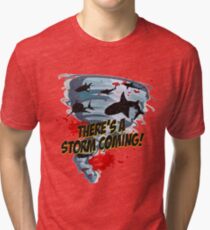 Shark Tornado - Shark Cult Movie - Shark Attack - Shark Tornado Horror Movie Parody - Storm's Coming! Tri-blend T-Shirt