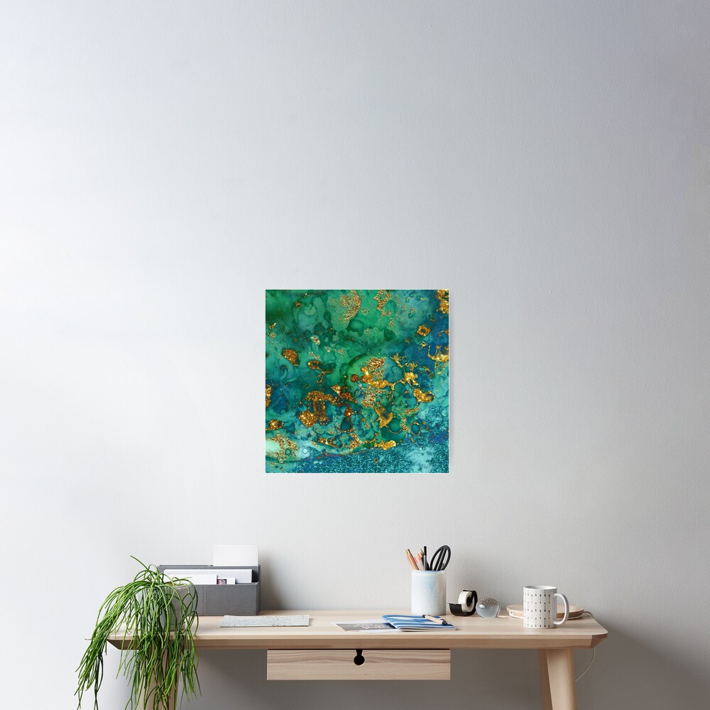 Sparkling Gold Glitter on Green and Blue marble Poster