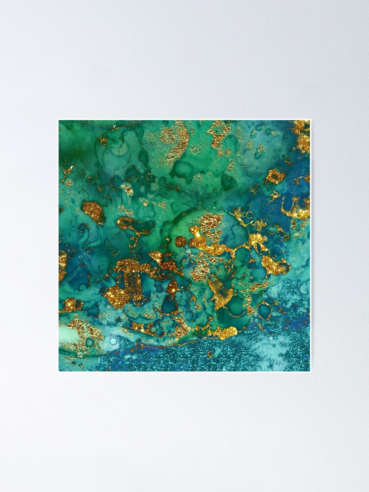 Alternate view of Sparkling Gold Glitter on Green and Blue marble Poster