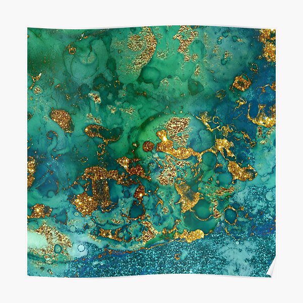 Sparkling Gold Glitter on Green and Blue marble Poster