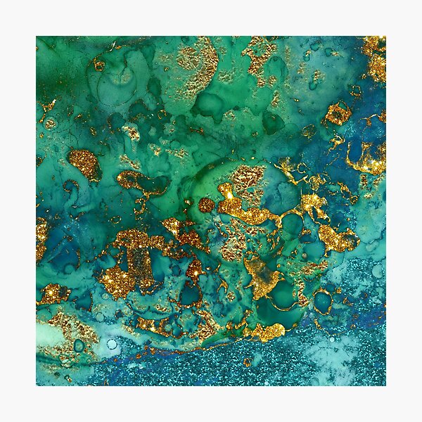Sparkling Gold Glitter on Green and Blue Faux marble Photographic Print