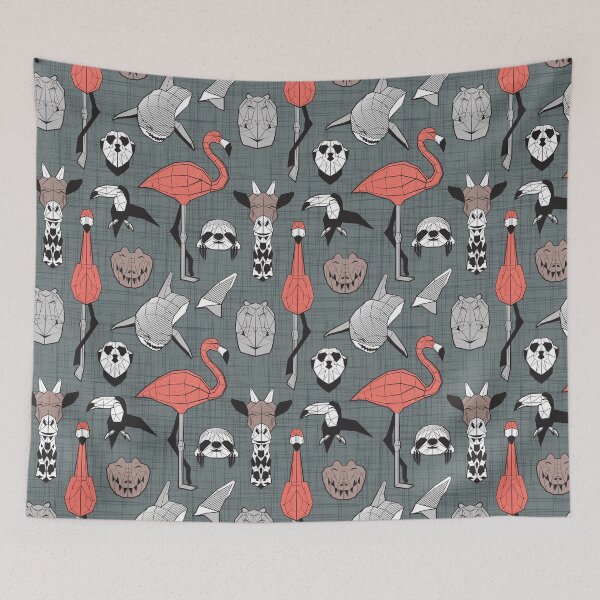 Item preview, Summery Geometric Animals // green grey linen texture background designed and sold by SelmaCardoso.