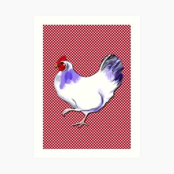Farmhouse chicken on check Art Print