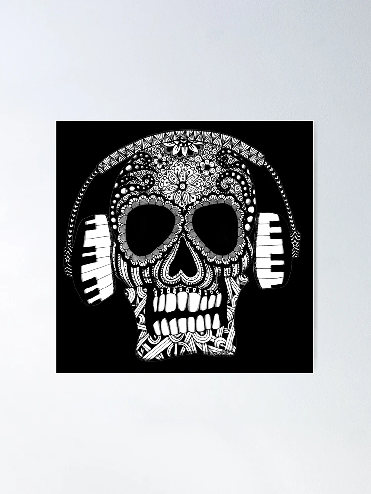 Skull With Headphones Black and White Doodle Art