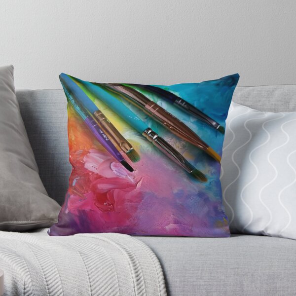 Rainbow Art Palette with Brushes Throw Pillow