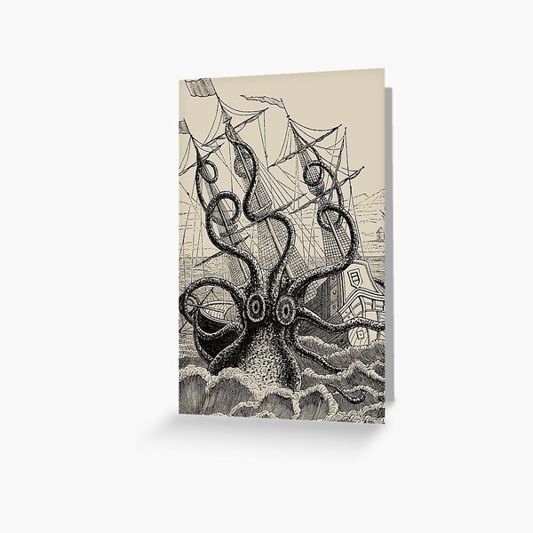Item preview, Vintage Kraken attacking ship illustration designed and sold by monsterplanet.