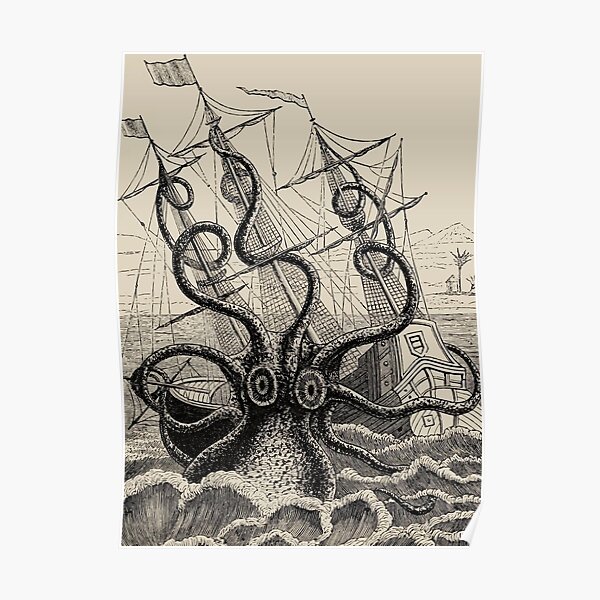 Vintage Kraken attacking ship illustration Poster