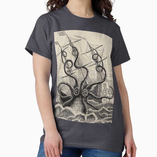 Vista previa del artículo con la obra «Ilustración de la nave atacando kraken vintage», diseñado y vendido por monsterplanet.