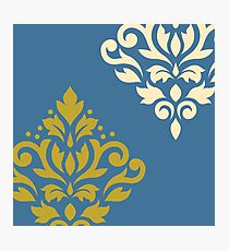 Scroll Damask Art I Gold & Cream on Blue Photographic Print