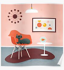 Midcentury Coral Decor With Black Cat And Gold Fish Poster