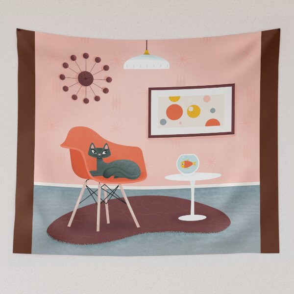 Item preview, Midcentury Coral Decor With Black Cat And Gold Fish designed and sold by BunnyThePainter.