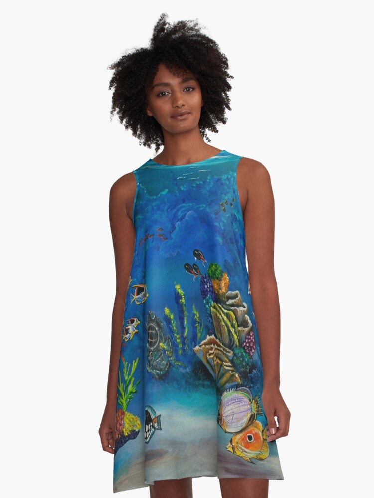 Tropical Fish Jersey Knit A-Line Dress