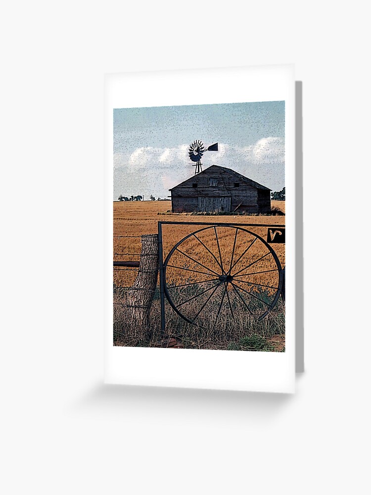 Carte de vœux for Sale avec l'œuvre « Grange, clôture et moulin à vent  Kansas Farm » de l'artiste gretassister