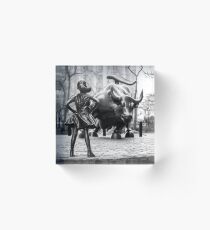 Fearless Girl statue facing Charging Bull in New York City | Black and White Acrylic Block