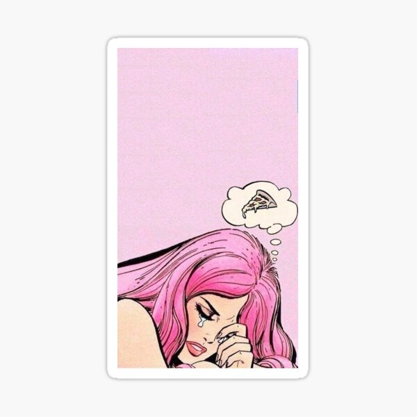 Side Cry Why Thinking About Pizza, Pizza lover, pizza, pizza addict, pizza dream, pizza love, pink hair, retro comics, crying woman Sticker