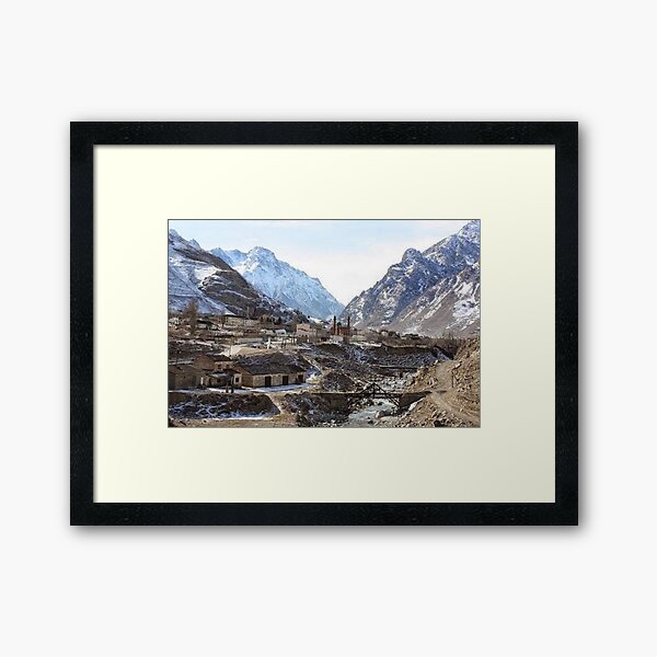 #Mountains, #road, #houses, #river, mountain village Tawlula  Karachay Balkar Framed Art Print