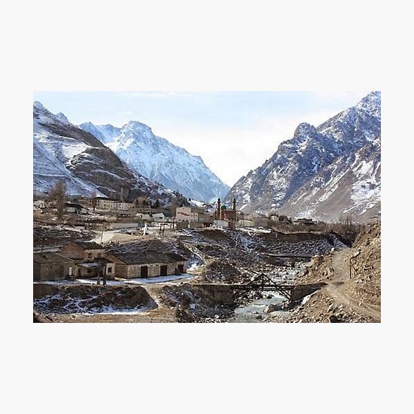 #Mountains, #road, #houses, #river, mountain village Tawlula  Karachay Balkar Photographic Print