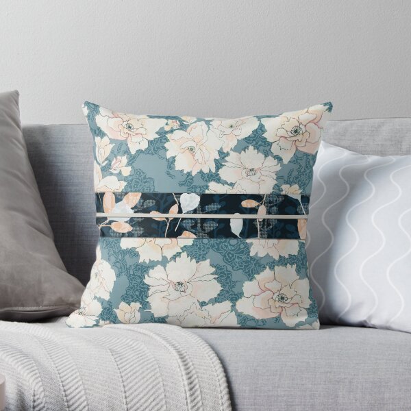 Teal Peony Blossom with Contrast "Obi" Print Throw Pillow