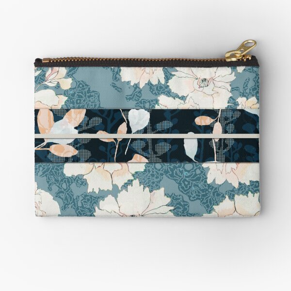 Teal Peony Blossom with Contrast "Obi" Print Zipper Pouch