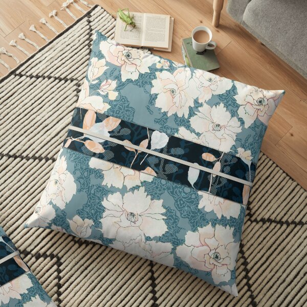 Teal Peony Blossom with Contrast "Obi" Print Floor Pillow